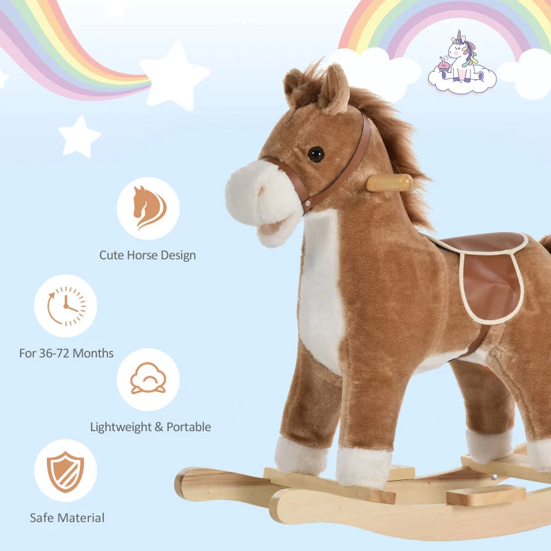 Kids Classic Rocking Horse with Moving Mouth & Neighing Sounds - Brown Plush Toy for Fun Playtime