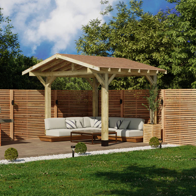 Ruby Wooden Apex Gazebo with Cedar Featheredge Roof – With Overhang Design
