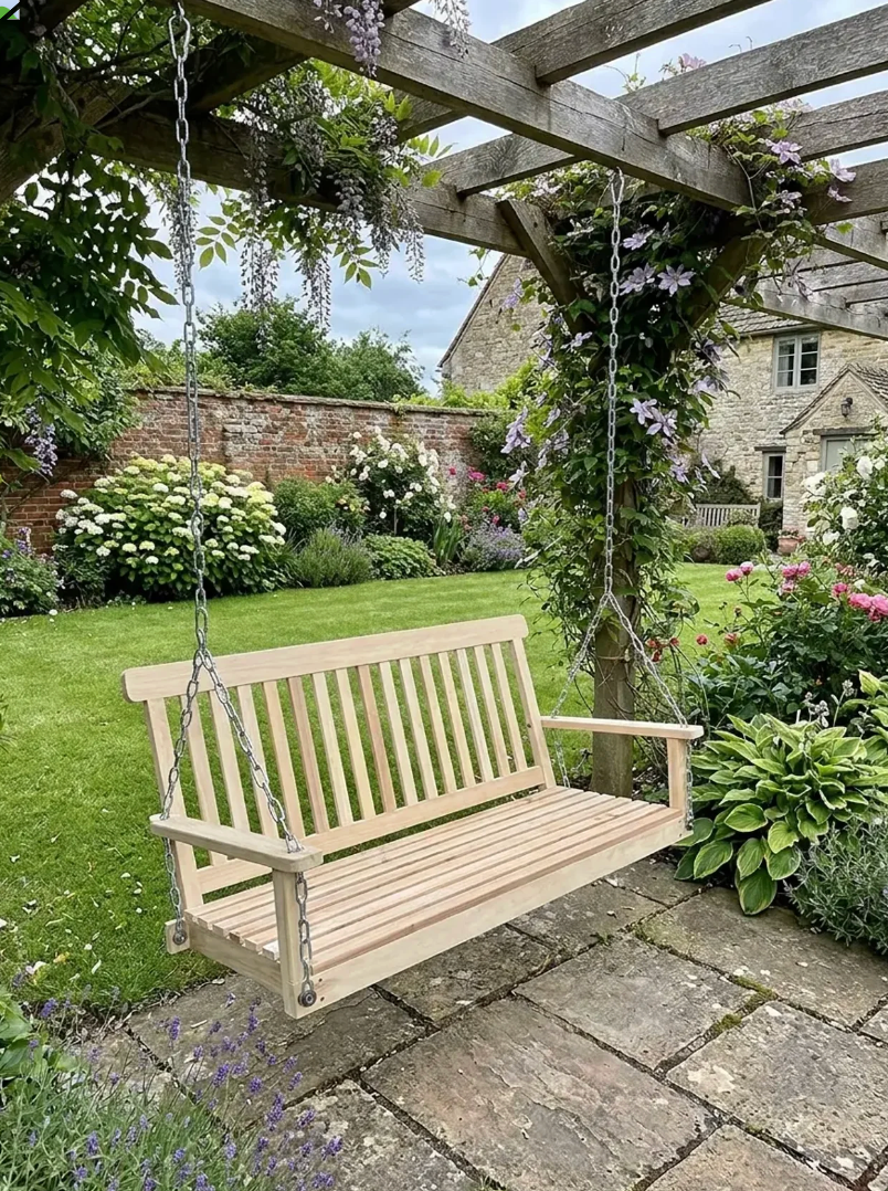 Natural Wood 2-Seater Outdoor Swing Bench