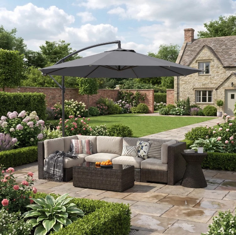 3m Overhang Cantilever Garden Parasol with Steel Frame, 8-Rib Support & Cross Base – Easy Crank Shade Umbrella (Grey)