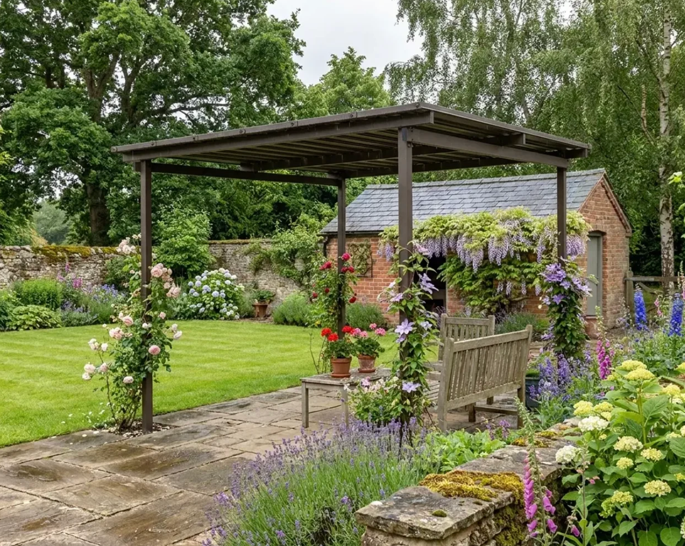 3m x 3m Brown Metal Lean-To Pergola