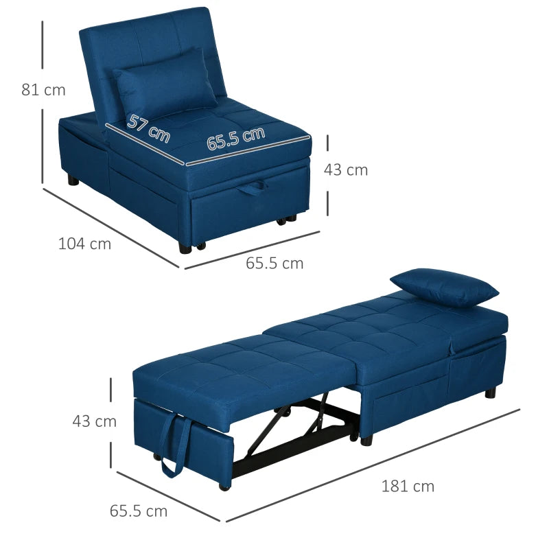 4-in-1 Convertible Chair Bed with Adjustable Backrest, Side Pocket, Wheels and Pillow for Living Room, Blue