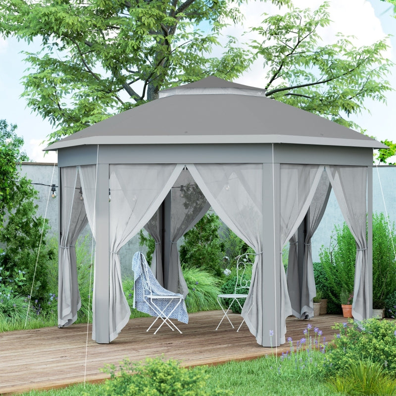 3x4m Dark Grey Hexagon Garden Gazebo - Pop Up Party Tent Canopy with Double Roof, Netting & Carry Bag for Outdoor Patio