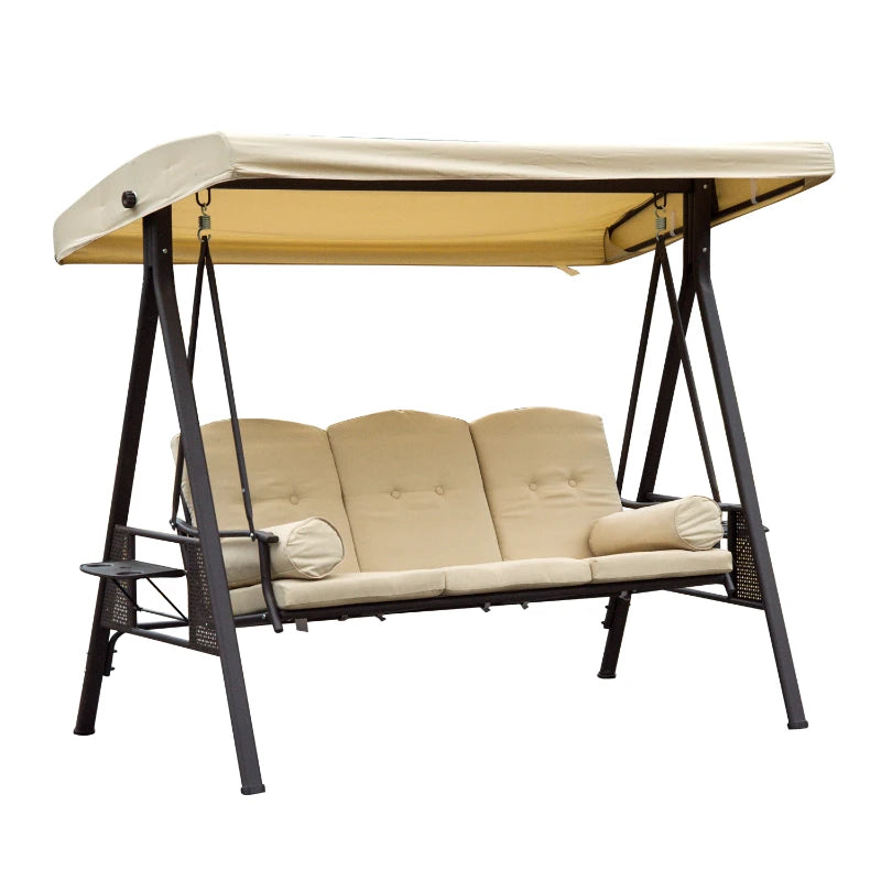 Beige 3-Seater Swing Hammock Chair with Canopy and Cushion