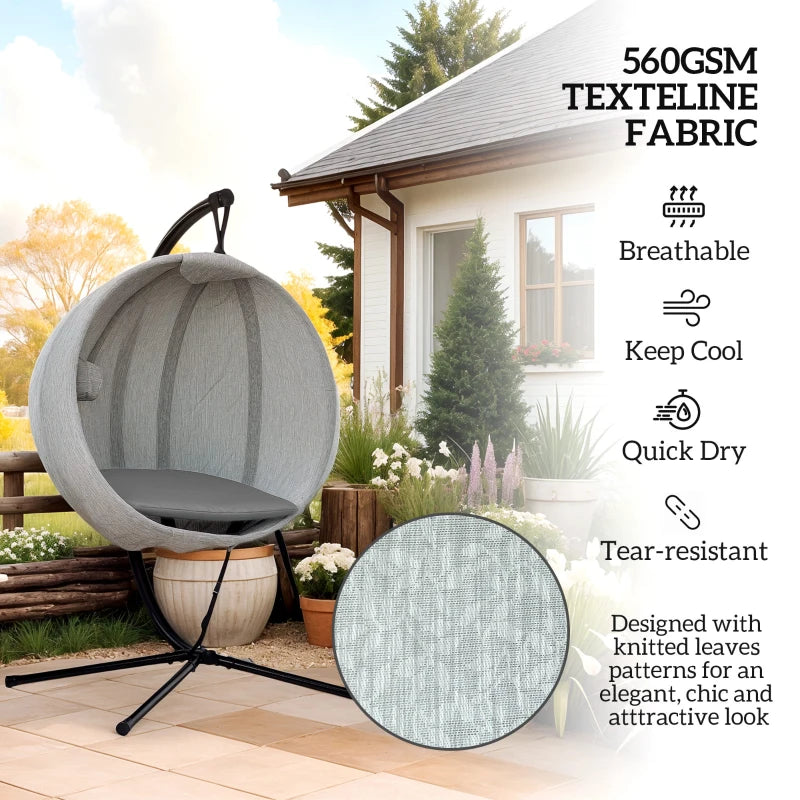 Hanging Egg Chair - Grey Outdoor Indoor Garden Swing Chair with Folding Basket, Stand, Thickened Cushion & Cup Holder - Perfect for Patio & Balcony