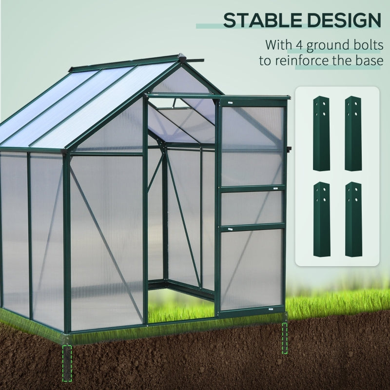 Green 6ft x 6ft Walk-In Polycarbonate Greenhouse with Aluminium Frame, Sliding Door & Roof Vent Window – Outdoor Garden Grow House for Plants, Vegetables & Flowers – Green