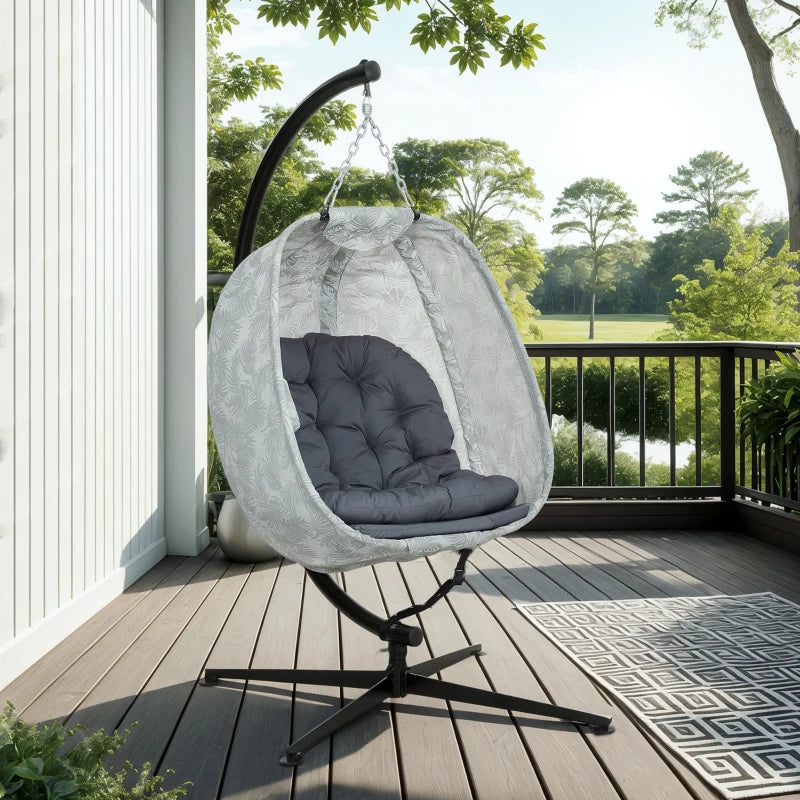 Hanging Egg Chair - Grey Outdoor Indoor Garden Swing Chair with Folding Basket, Stand, Thickened Cushion & Cup Holder