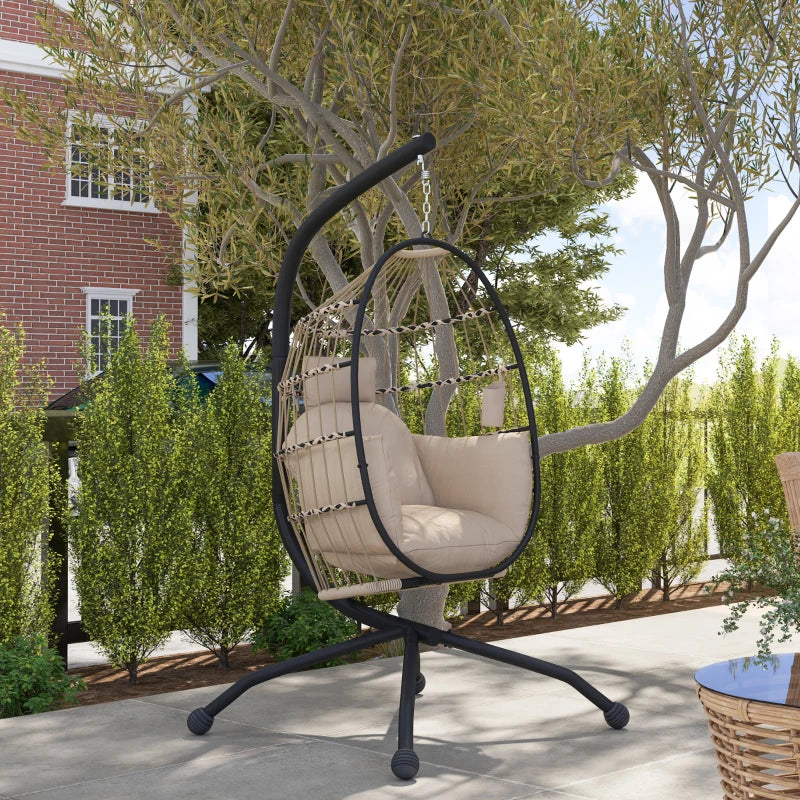 Hanging Egg Chair - Khaki - Outdoor Indoor Garden Swing Chair with Stand, Folding Basket, Thickened Cushion, Headrest & Cup Holder - Perfect for Patio & Balcony