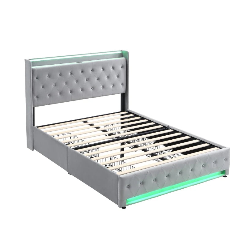 4ft6 Upholstered Double Bed with Velvet Headboard, 4 Storage Drawers, LED Lights & Charging Socket - Grey, 206L x 143W x 115H cm
