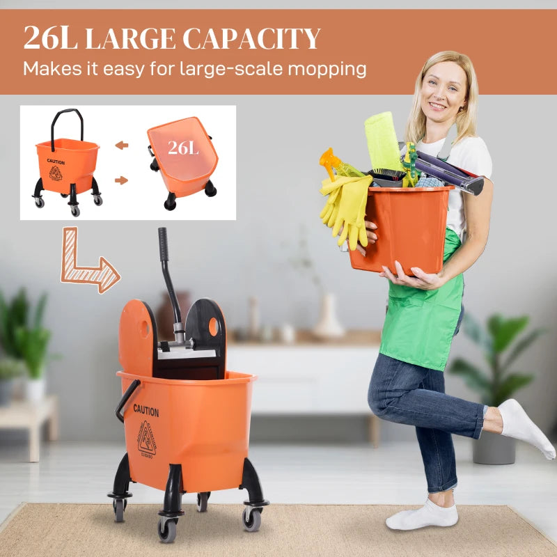 25L Mop Bucket with Wringer, Wheels & Handle - Durable Orange Cleaning Solution for Easy Floor Maintenance