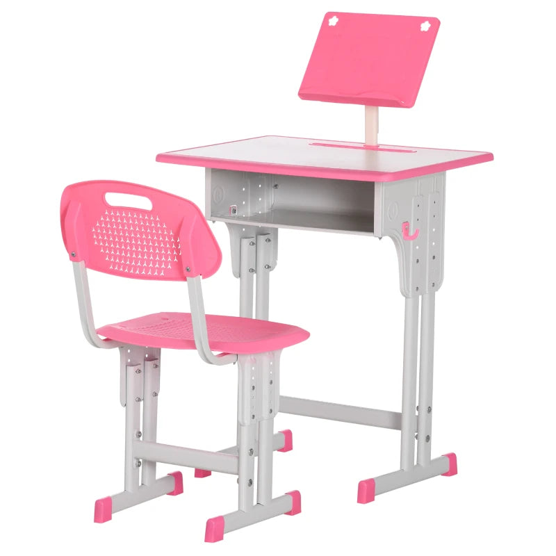 Kids Adjustable Desk and Chair Set with Book Stand and Pen Slot - Stylish Pink Study Furniture for Children