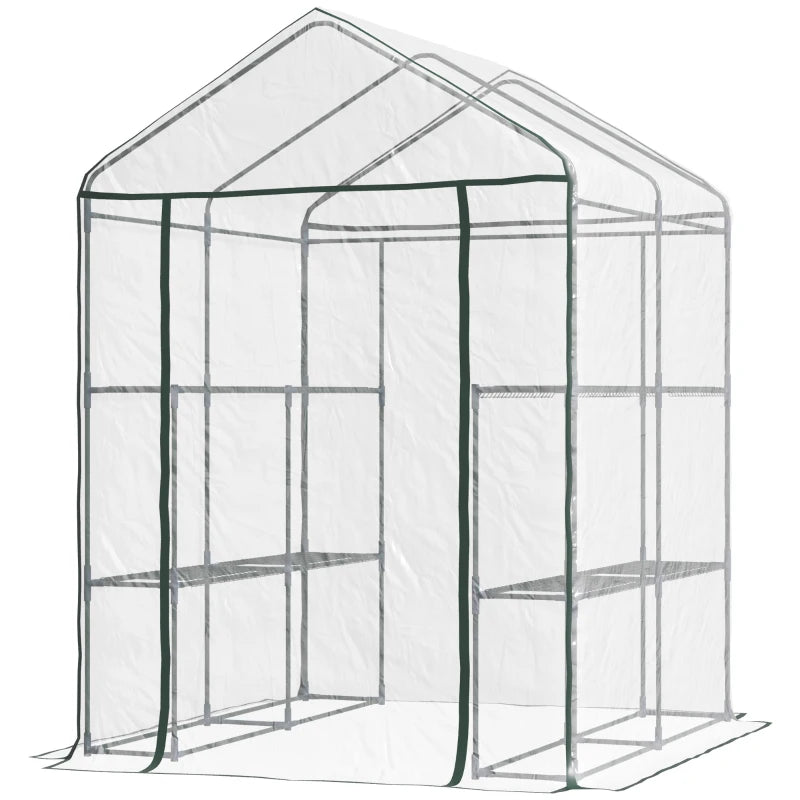 3-Tier Green Walk-in Greenhouse with Roll-up Door, Steel Frame, 143x143x195cm
