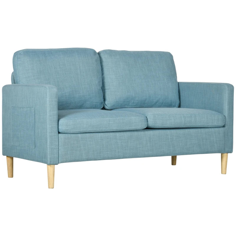 Modern Two-Seater Sofa for Living Room, Stylish Fabric Couch with Wooden Legs and Storage Pockets, Blue