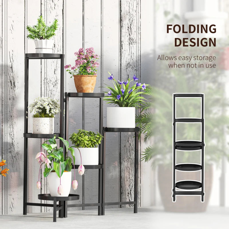 3 Tier Foldable Black Metal Plant Stand - Indoor Outdoor Corner Flower Pot Holder for Patio, Garden, Balcony, Living Room