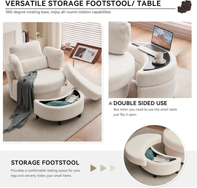 Teddy Swivel Armchair with Cushions and Ottoman Stool, 360° Recliner Sofa, White, 107L x 105W x 82H cm