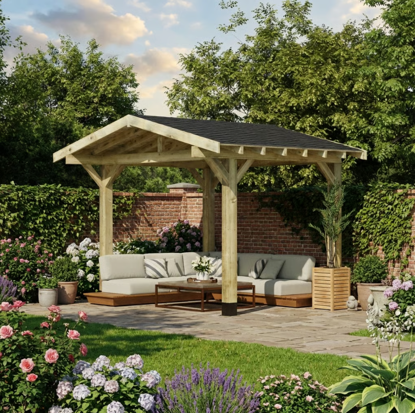Ruby Wooden Apex Gazebo with Katepal Black Shingle Roof & Overhang - Premium Weatherproof Garden Gazebo
