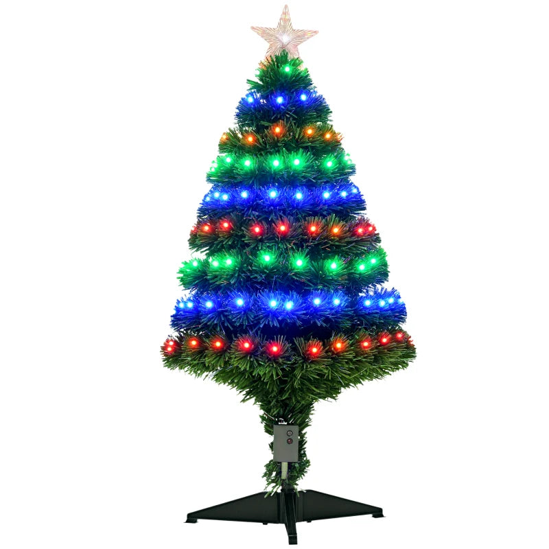 3ft Prelit Artificial Christmas Tree with Multi-Colored Fiber Optic LED Lights - Festive Holiday Home Decoration, Green Xmas Tree