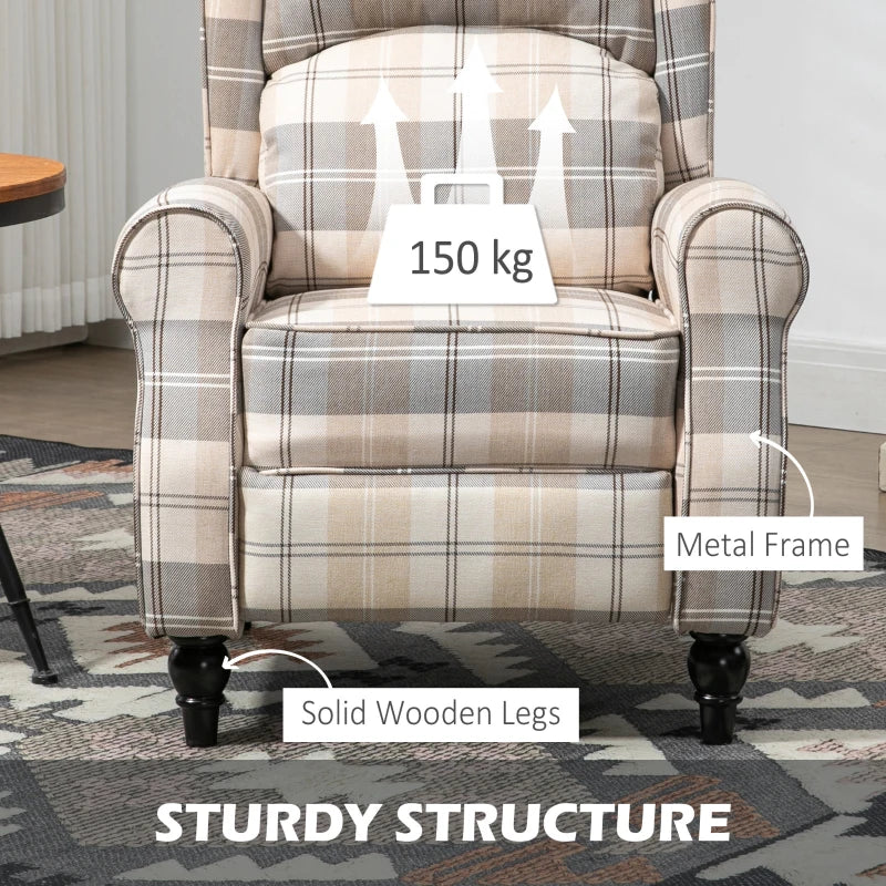 Khaki Wingback Recliner Armchair for Living Room with Pushback Mechanism, Round Armrests, Footrest and Rubber Wood Legs