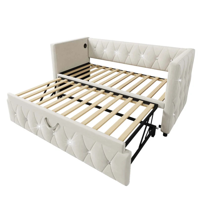 3 Seater Futon Bed with Fast Charging Ports and Removable Trundle for Overnight Guests Beige