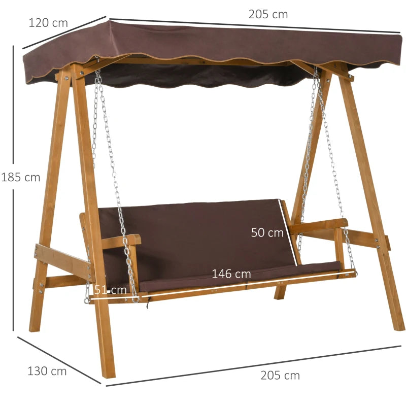 Brown 3-Seater Outdoor Swing Chair with Adjustable Canopy and Padded Cushions