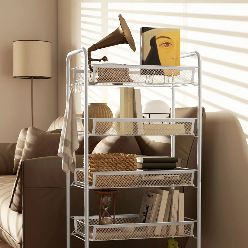 Five-Steel Mesh Storage Trolley with Wheels - Versatile White Basket Organizer for Home, Office, and Kitchen