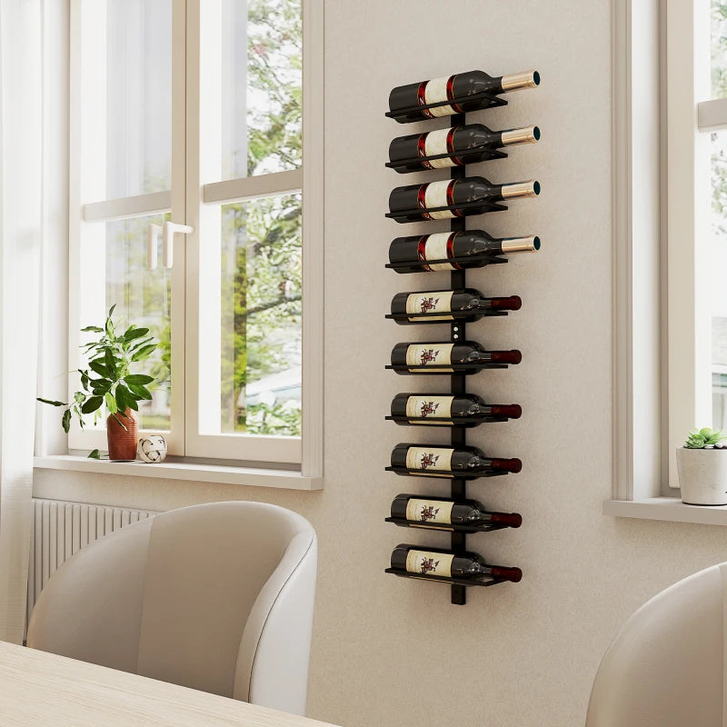 10-Tier Wall Mount Wine Rack - Steel Wine Bottle Holder for Kitchen, Dining Room & Home Bar - Black Display Rack