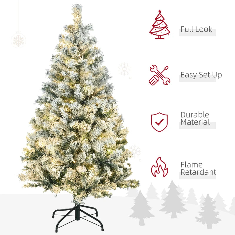 4.5' Artificial Snow Christmas Tree with Frosted Branches & LED Lights - Warm White or Colorful, Sturdy Steel Base