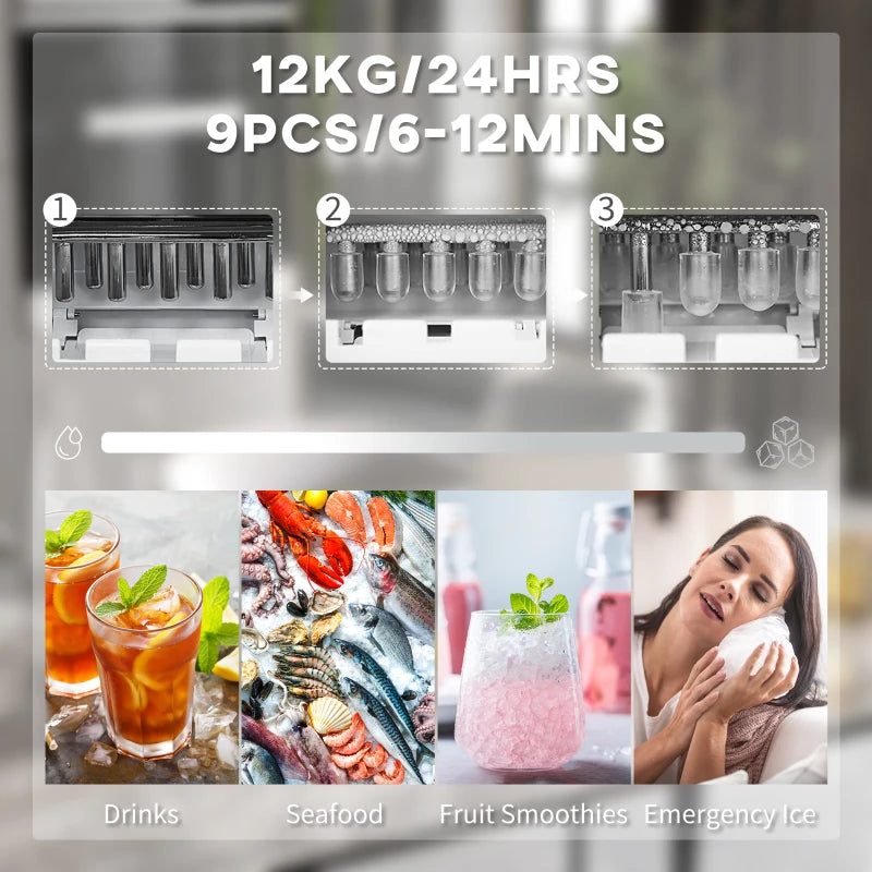 Portable Ice Maker Machine - 12Kg Daily, 9 Cubes in 6-12 Mins, Countertop Ice Cube Maker with Scoop & Basket - White