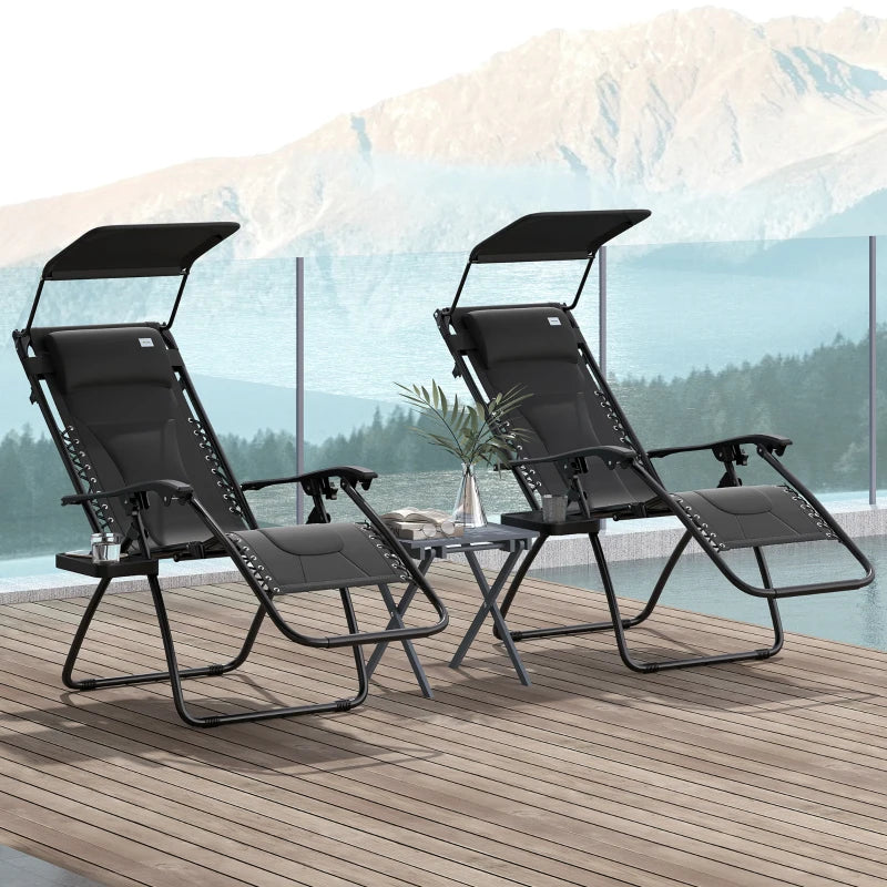 Zero Gravity Lounger Chair Set of 2 - Folding Reclining Patio Chairs with Shade Cover, Padded Seat, Cup Holder, Soft Cushion and Headrest - Black