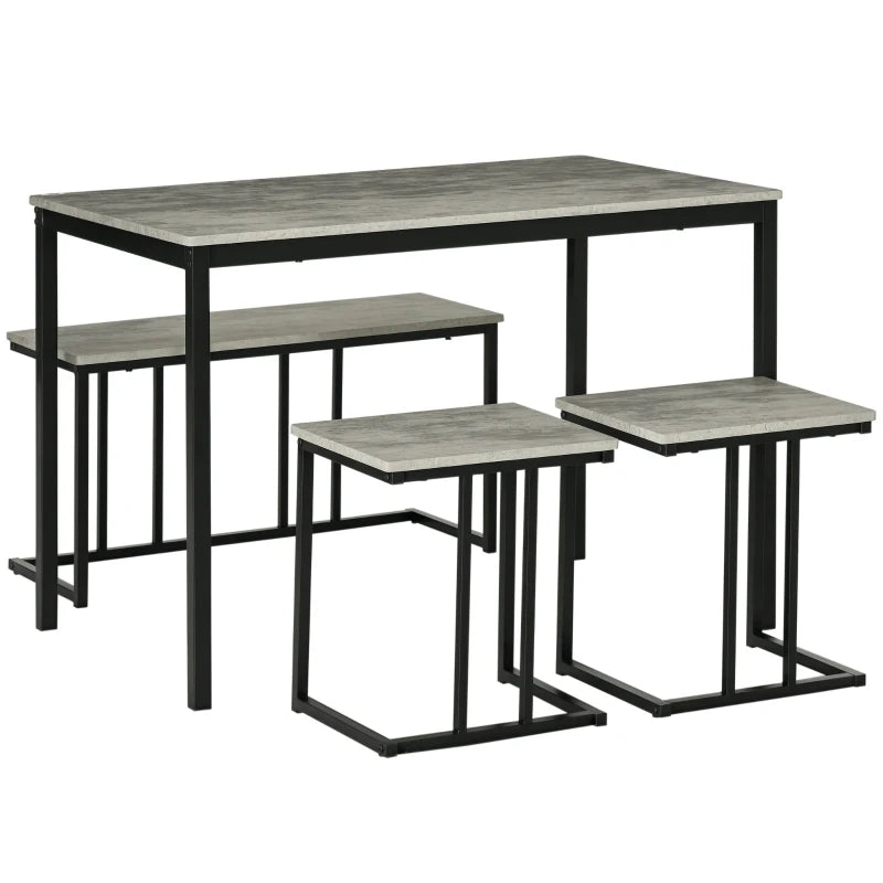 Concrete Effect Dining Table and Chairs Set for 4 - Stylish Kitchen Bench Set with Steel Frame, Grey 4-Piece Dining Room Furniture
