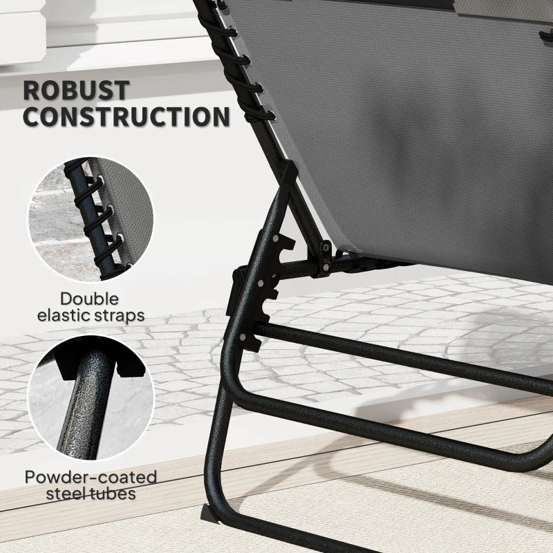 Set of 2 Charcoal Grey Folding Sun Loungers - Recliner Garden Chairs with Quick Drying Pad, Headrest & Side Pocket for Beach and Pool