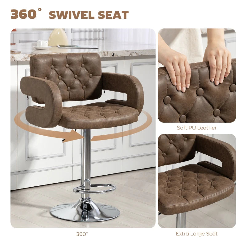 PU Leather Swivel Bar Stool - Height Adjustable, Backrest, Armrests & Footrest - Stylish Coffee Color for Home & Bar