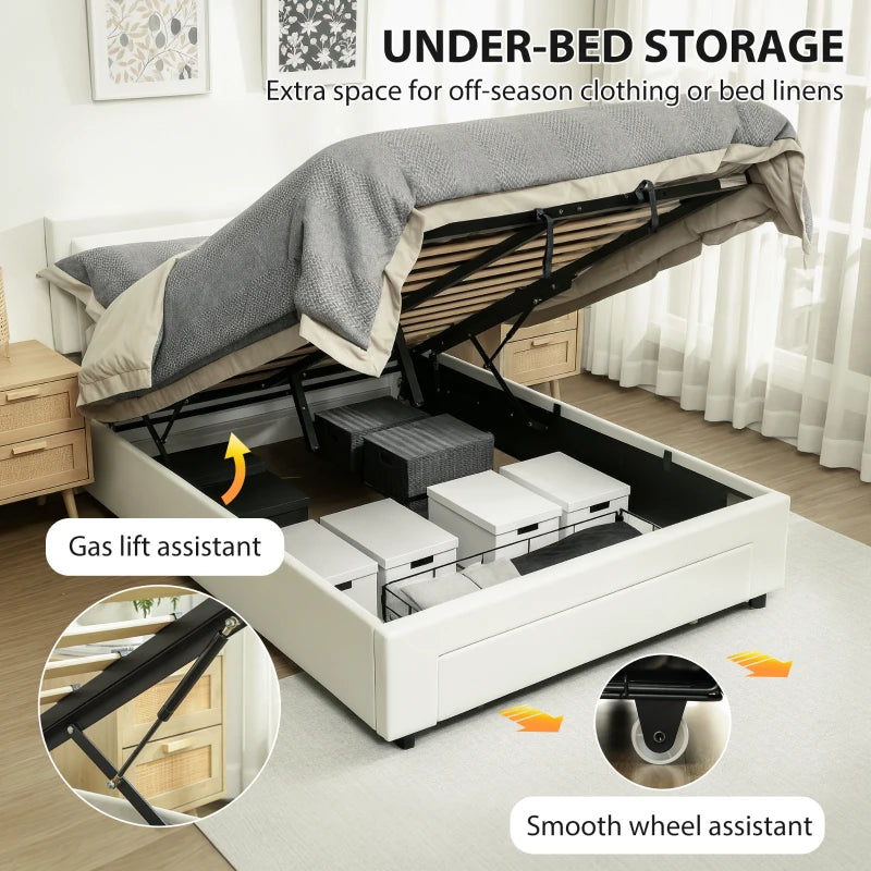 Cream Double Ottoman Bed Frame with Front Drawer for Stylish Storage Solutions
