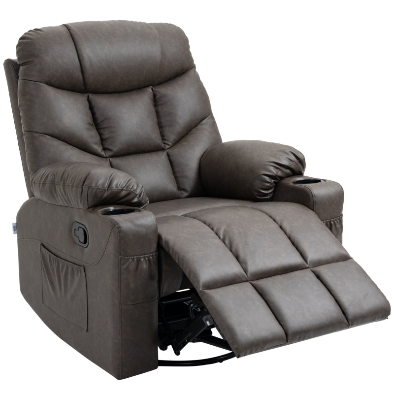 Manual Reclining Armchair with Faux Leather, Footrest and Cup Holders - Brown, 86x93x102cm