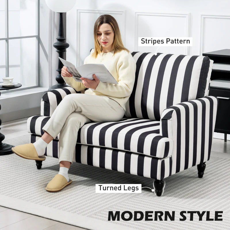 Stylish Velvet Cuddle Chair with Striped Design, Turned Legs and Spacious Seat for Living Room or Bedroom