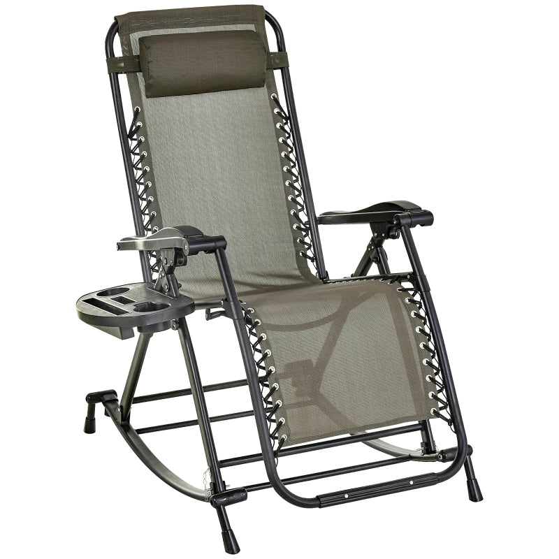 Grey Folding Rocking Sun Lounger Chair with Headrest and Side Holder