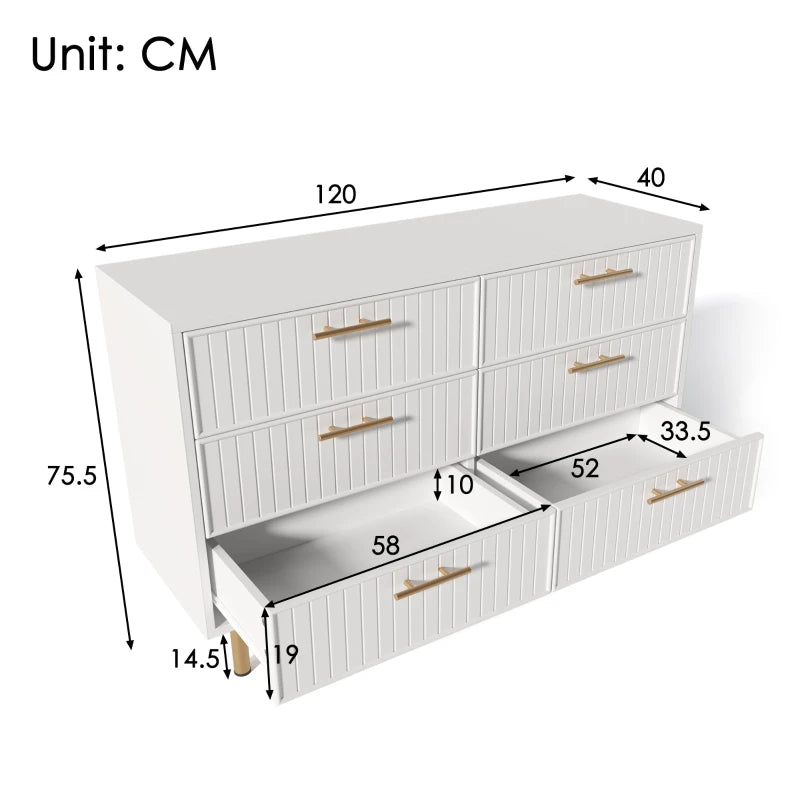 Modern White Sideboard Cabinet for Living Room - 6-Drawer Chest with Metal Base & Decorative Handles, 120x40x75.5 cm