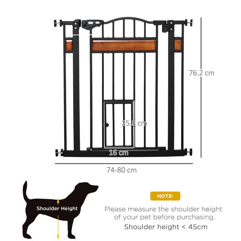 Pet Safety Gate with Cat Flap, Auto Close, 74-80cm Wide for Staircases, Doorways & Hallways - Black