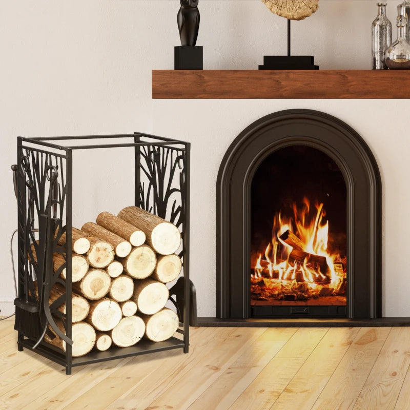 Steel Firewood Log Holder Rack with Tools - Indoor Outdoor Fireplace Wood Storage, Rust-Resistant, Tree Pattern, 46W x 30D x 70H cm