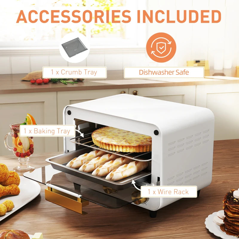 Compact 12L Toaster Oven - Multifunction Mini Countertop Oven with Glass Door, Adjustable Temperature & Timer, Stylish White Design