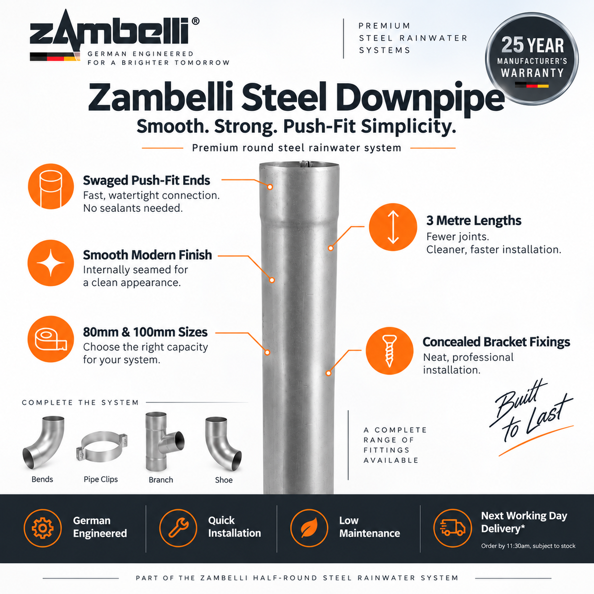 Zambelli 60mm Galvanised Steel Downpipe 3m Length