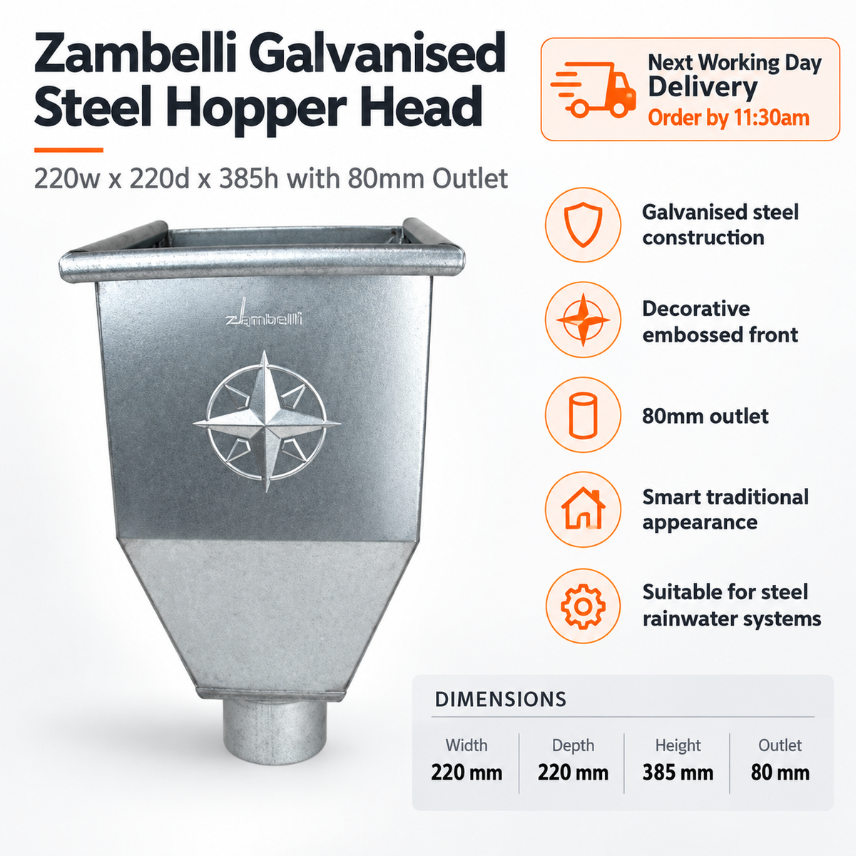 Zambelli Galvanised Steel Hopper Head 220w x 220d x 385h with 80mm Outlet