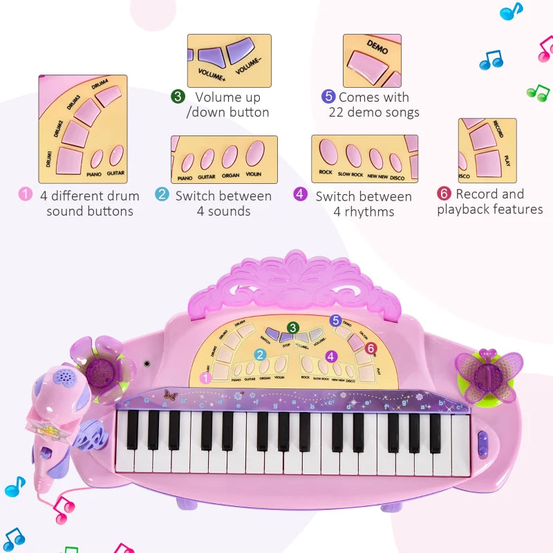 32 Keys Kids Mini Electronic Keyboard - Educational Musical Instrument Toy with Stool & Microphone for Children - Grand Piano Style
