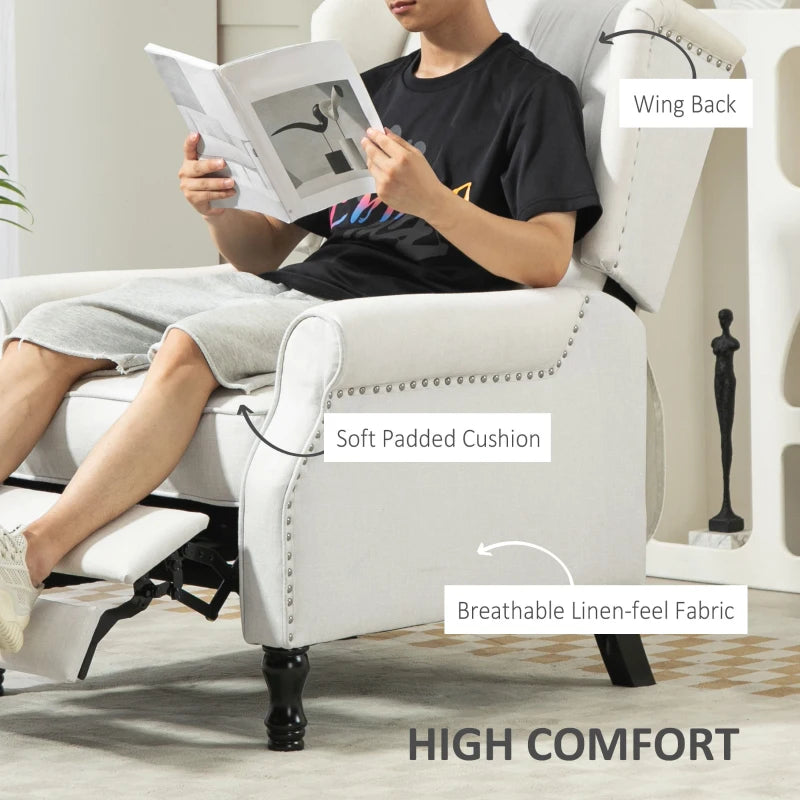 Vintage Wingback Recliner Armchair with Nail Head Trim and Button Tufted Back for Living Room, Cream White