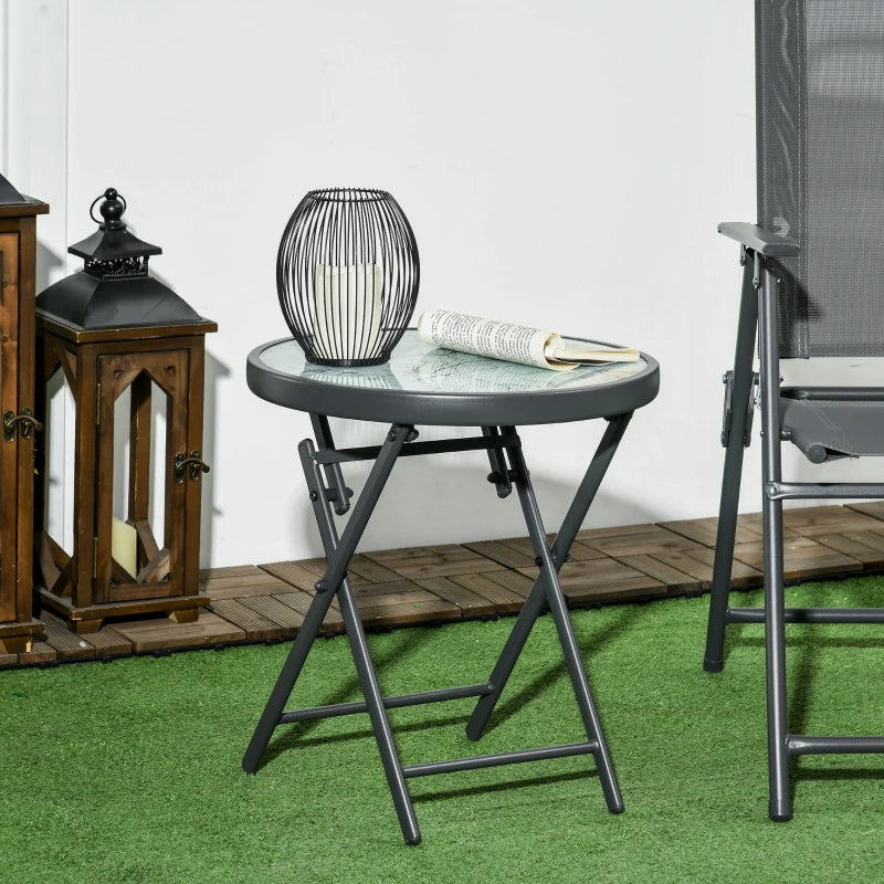 45cm Round Folding Garden Side Table - Outdoor Patio Coffee Table with Imitation Marble Glass Top - White