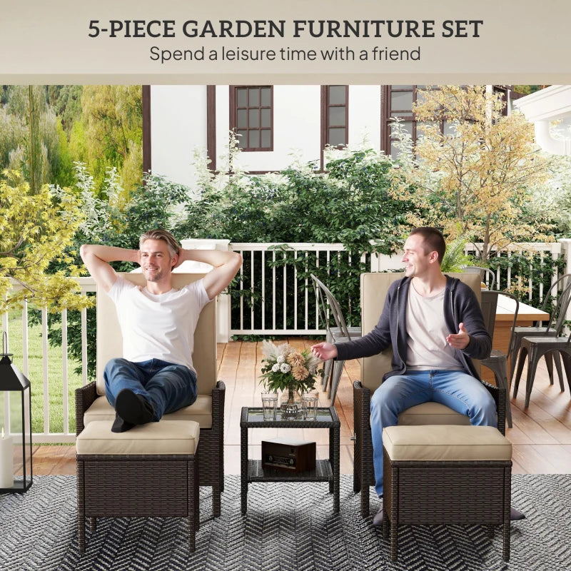 5 Piece Rattan Garden Furniture Set with Sofa Armchairs Footstools and Coffee Table