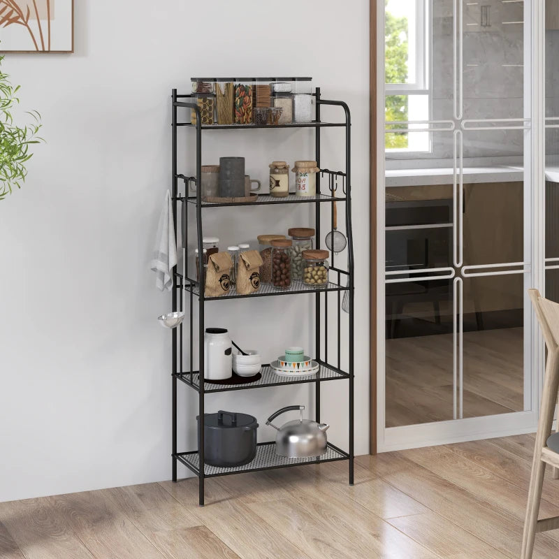 Five-Tier Black Steel Frame Kitchen Shelving Unit - Durable Storage Rack for Organizing Kitchen, Pantry, or Garage