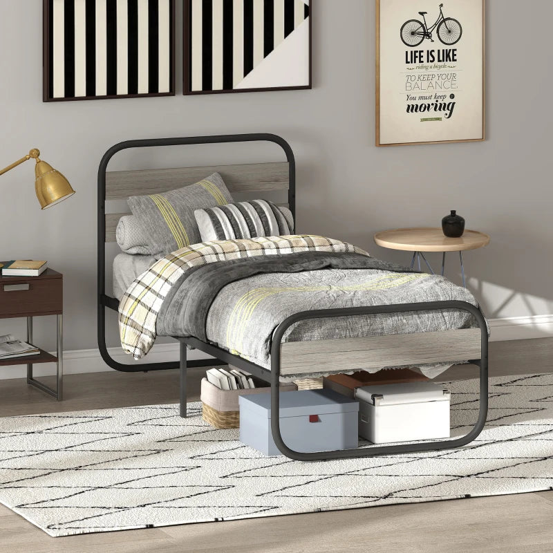 Industrial Style 3ft Single Metal Bed Frame with Under Bed Storage - Easy Assembly, No Box Spring Needed, Grey
