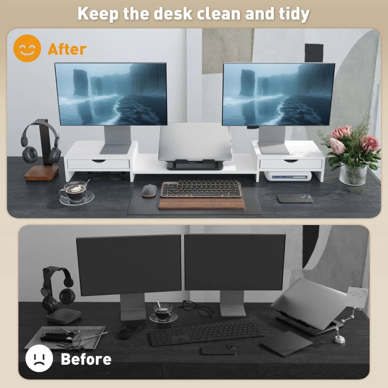 Dual Monitor Stand Riser with 2 Drawers - Adjustable Length & Angle, 116cm for Laptop, PC, Printer - White