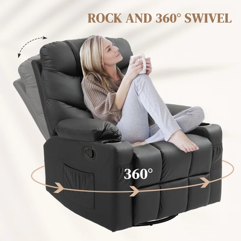 Manual Reclining Armchair with Swivel, Faux Leather, Footrest and Cup Holders - Black, 86x93x102cm